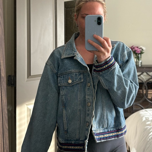 Women's Light Blue Denim Jacket with Embroidered Hem - Picture 6 of 6